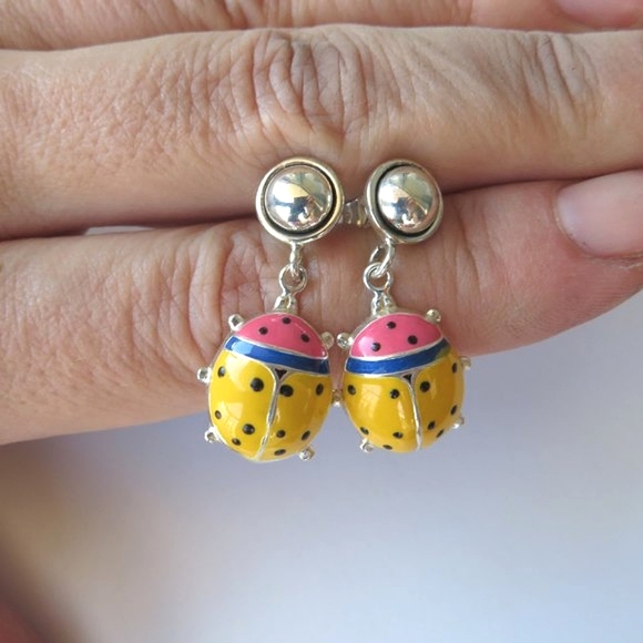 Super Cute Sterling Silver Enamel LADYBUG Earrings - Picture 6 of 13